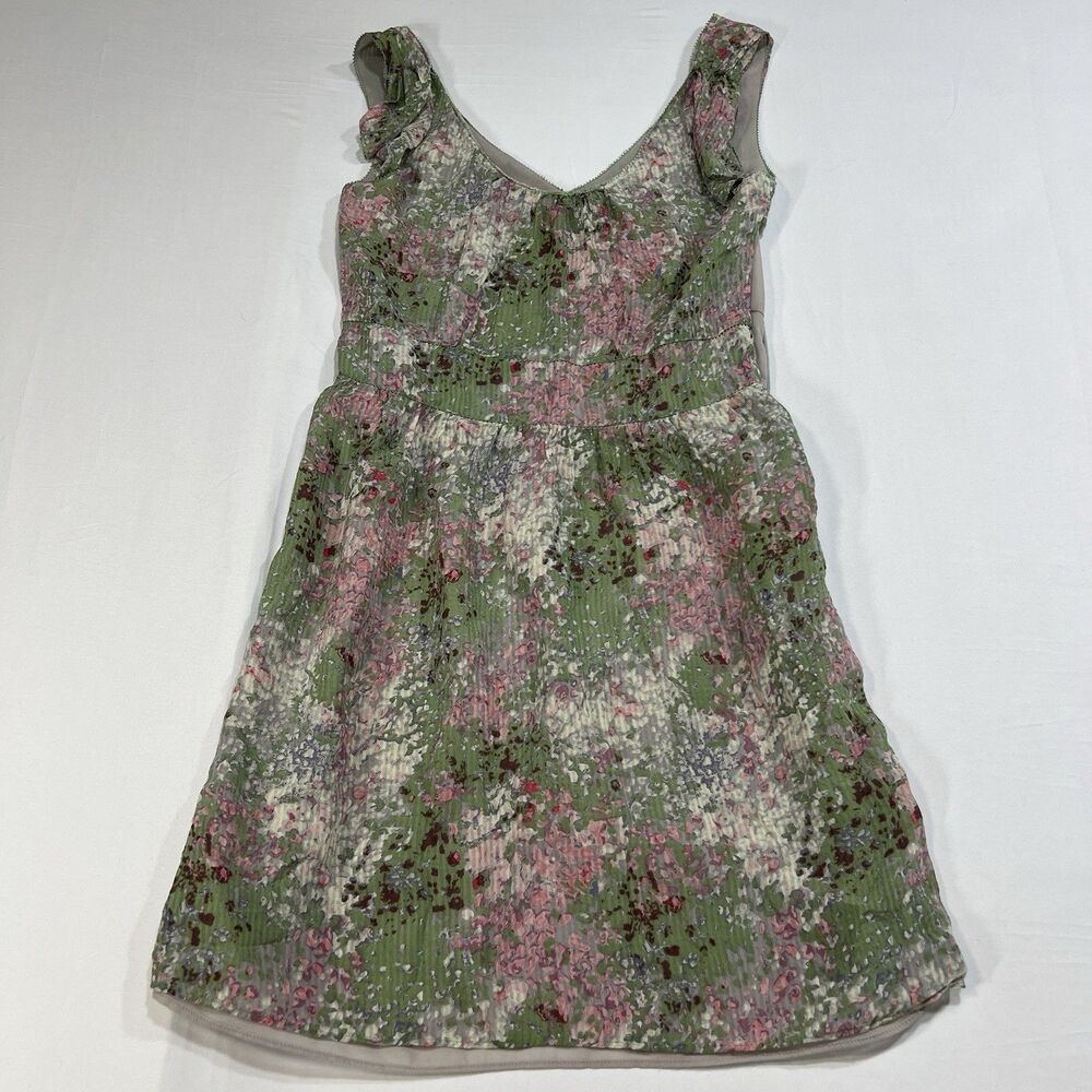 J.CREW 100% Silk Floral Dress Size 0 Green Pink Abstract Ruffle Chiffon Lined